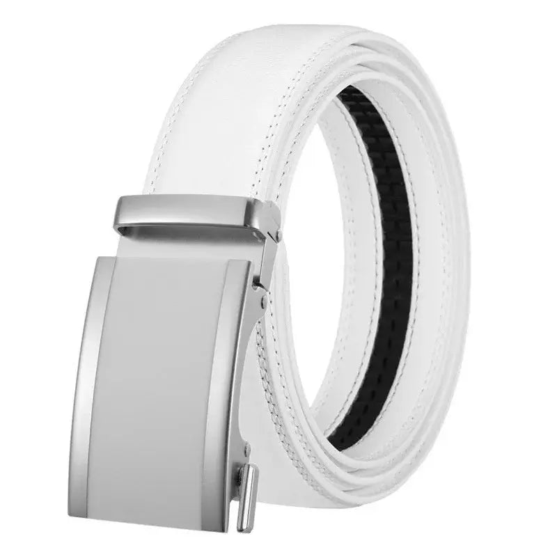 Automatic buckle detail on a stylish leather belt for effortless adjustments.