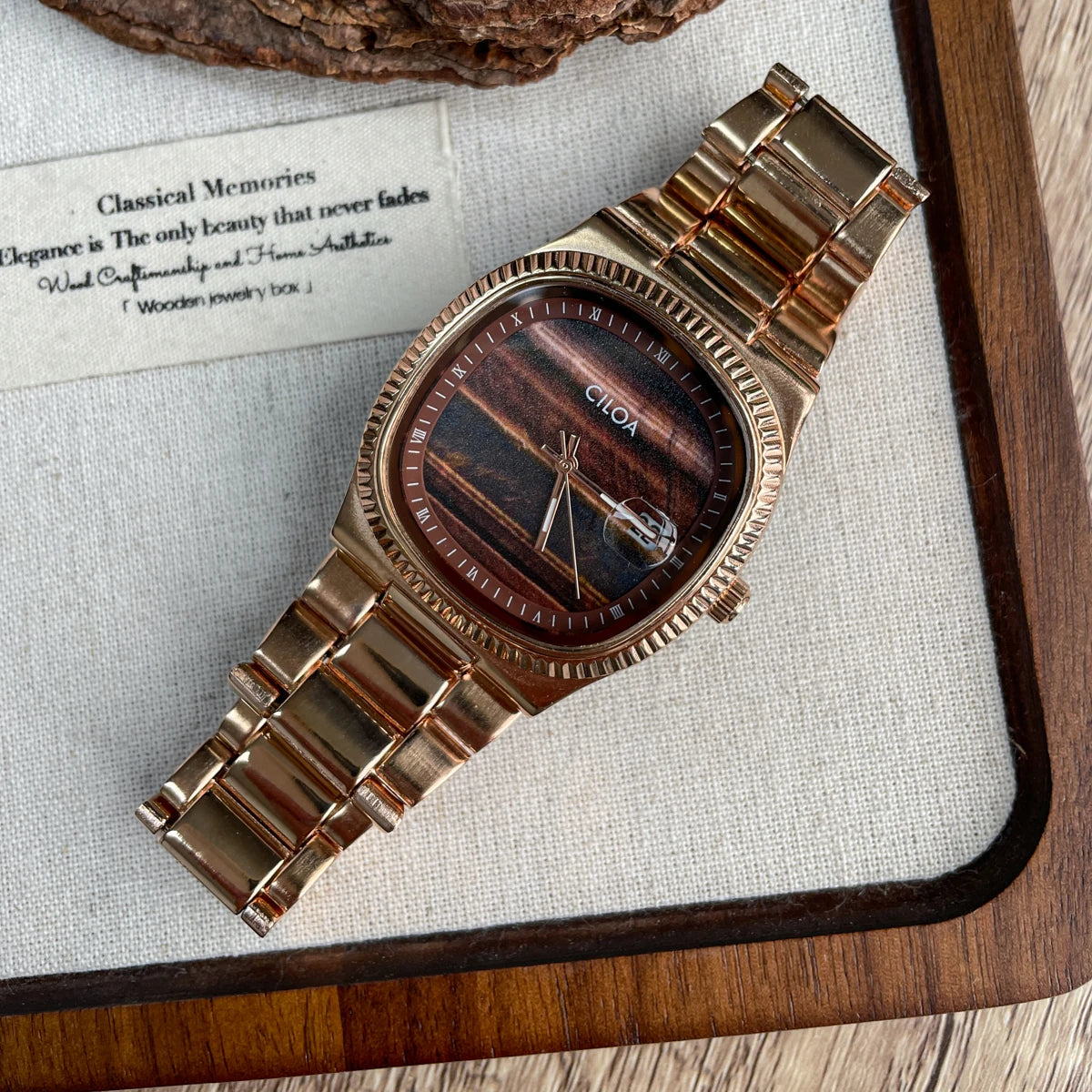 Timeless precision of CILOA watch highlighting its shock-resistant design.