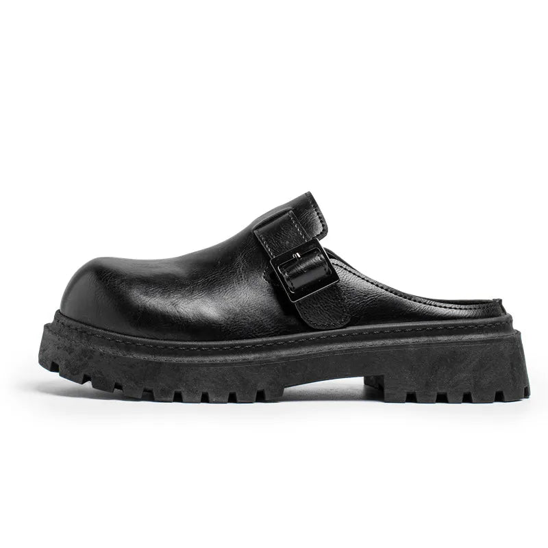 Sophisticated black leather platform mules with convenient slip-on backless style