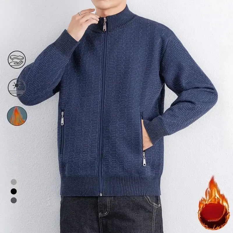 Detail of the zippered front on the fleece-lined men's cardigan.