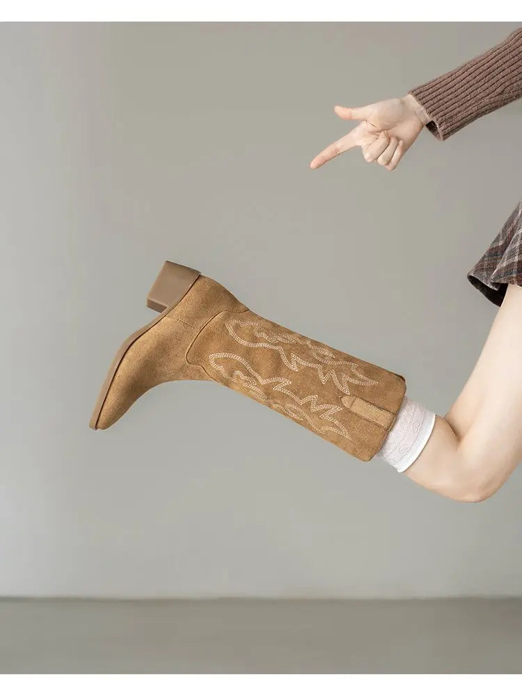 Close-up of colorful totem embroidery on supple leather boot shaft