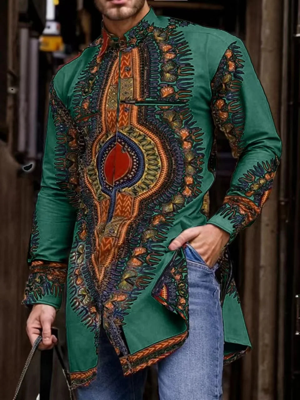 African Men's Ethnic Print Long Sleeve Traditional Shirt
