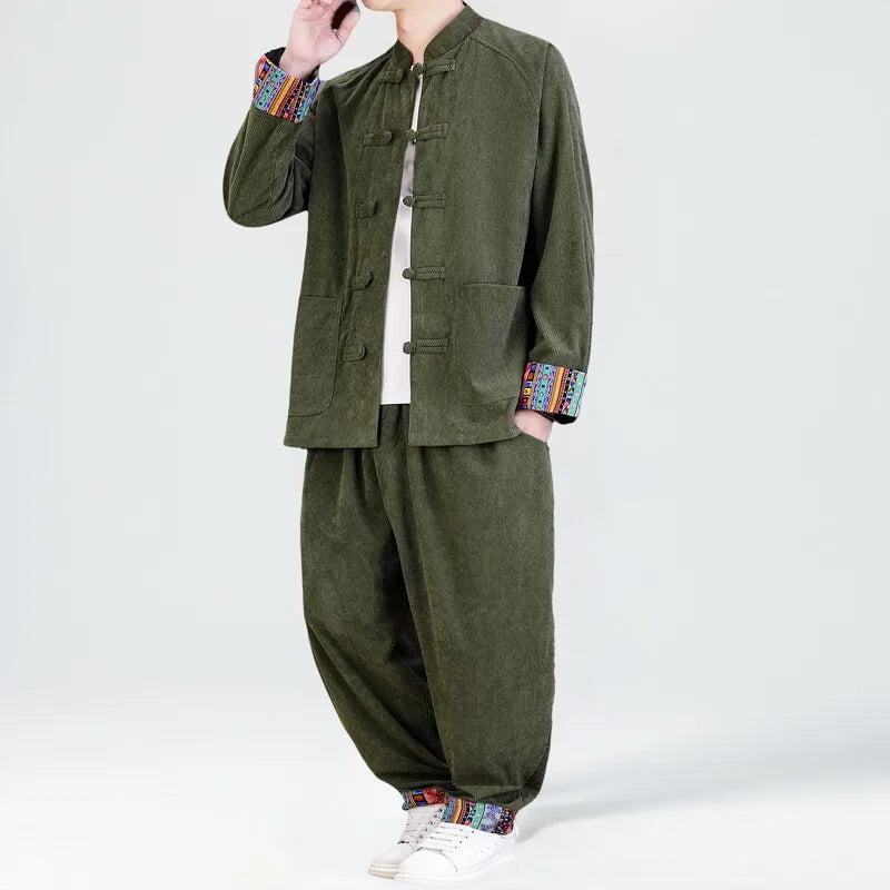 Close-up of the intricate traditional Chinese embroidery on the Autumn Whisper suit.