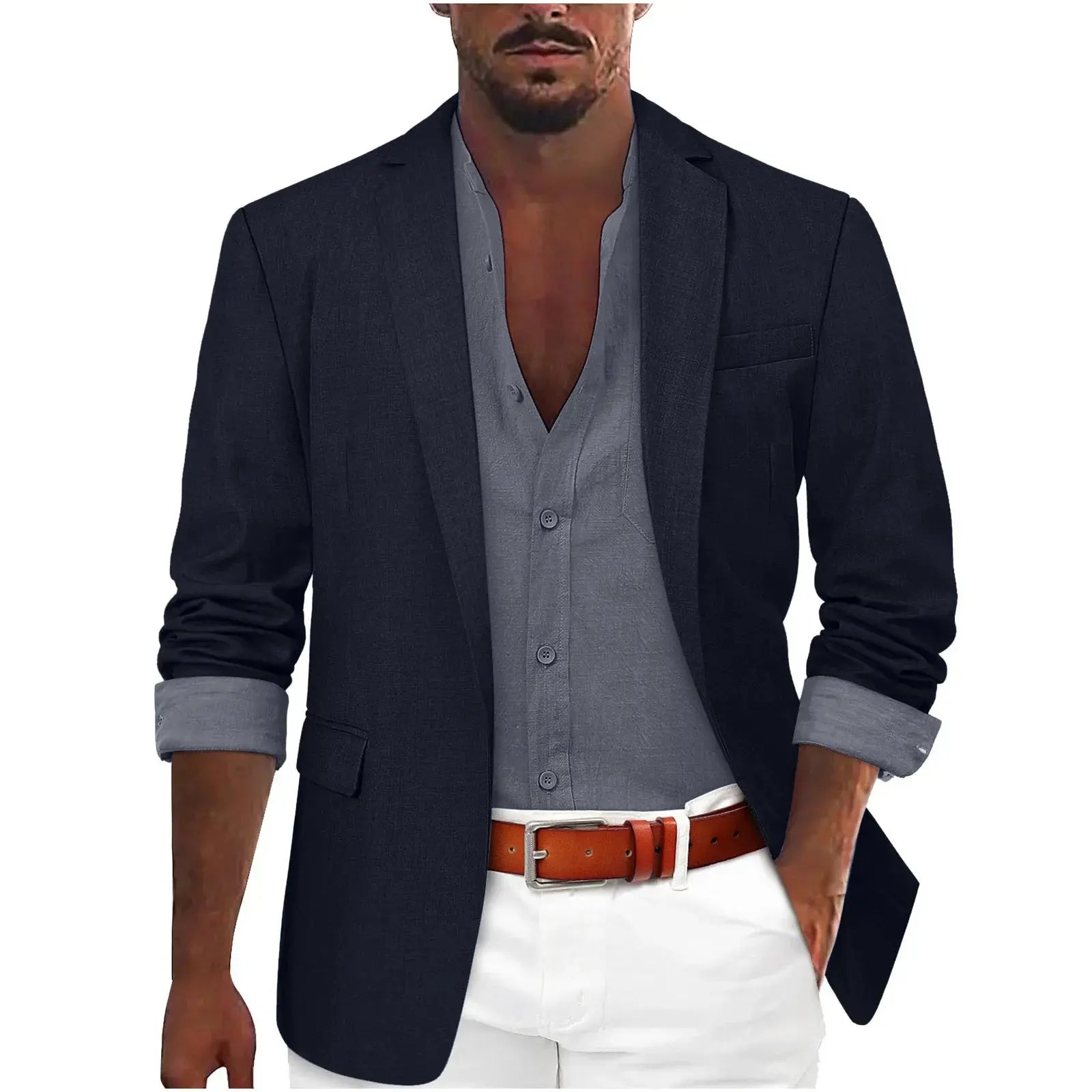 Close-up of blazer lapel and stitching, emphasizing tailored craftsmanship.