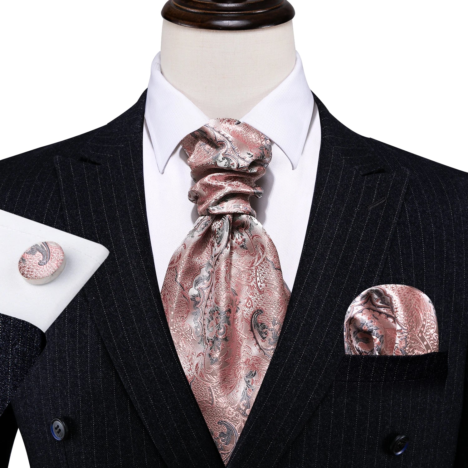 Luxurious silk blend ascot tie gift set in sophisticated paisley pattern with matching accessories