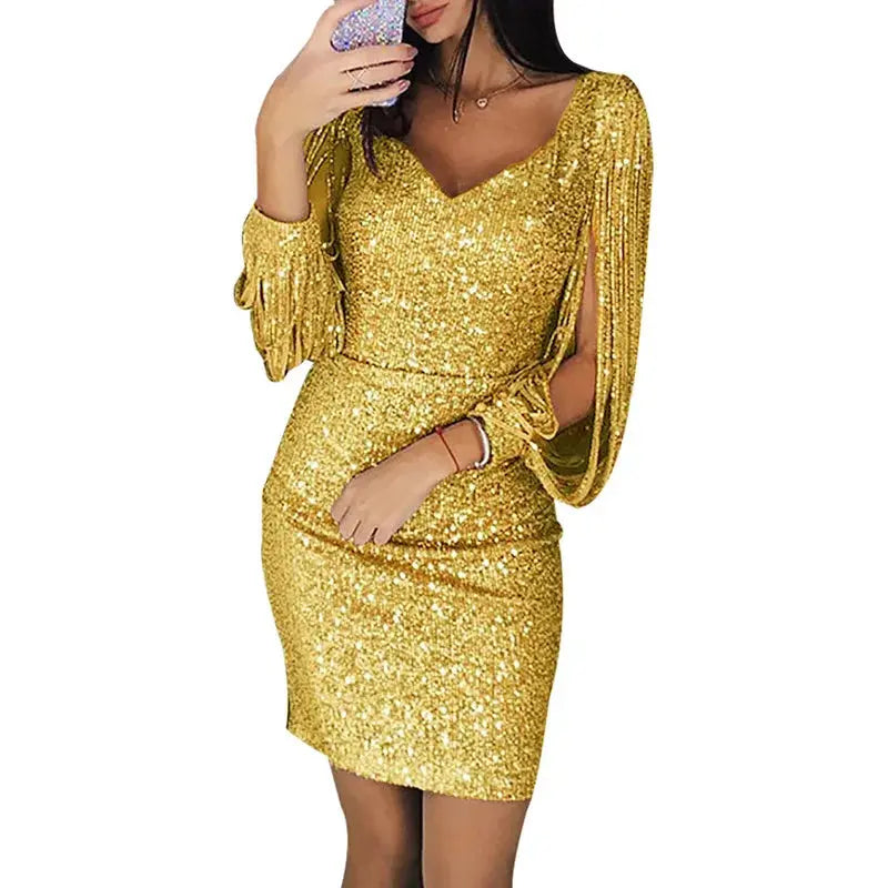 Close-up of luxurious sequins on the Midnight Shimmer dress, reflecting light beautifully.
