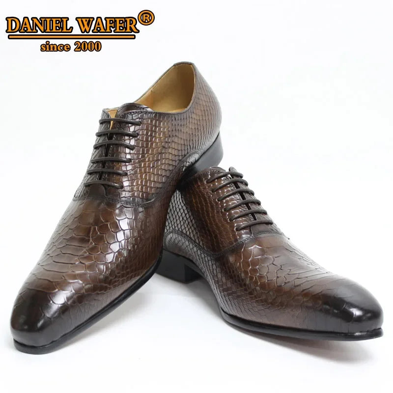 Pointed toe oxfords in rich coffee leather with snake skin imprint.