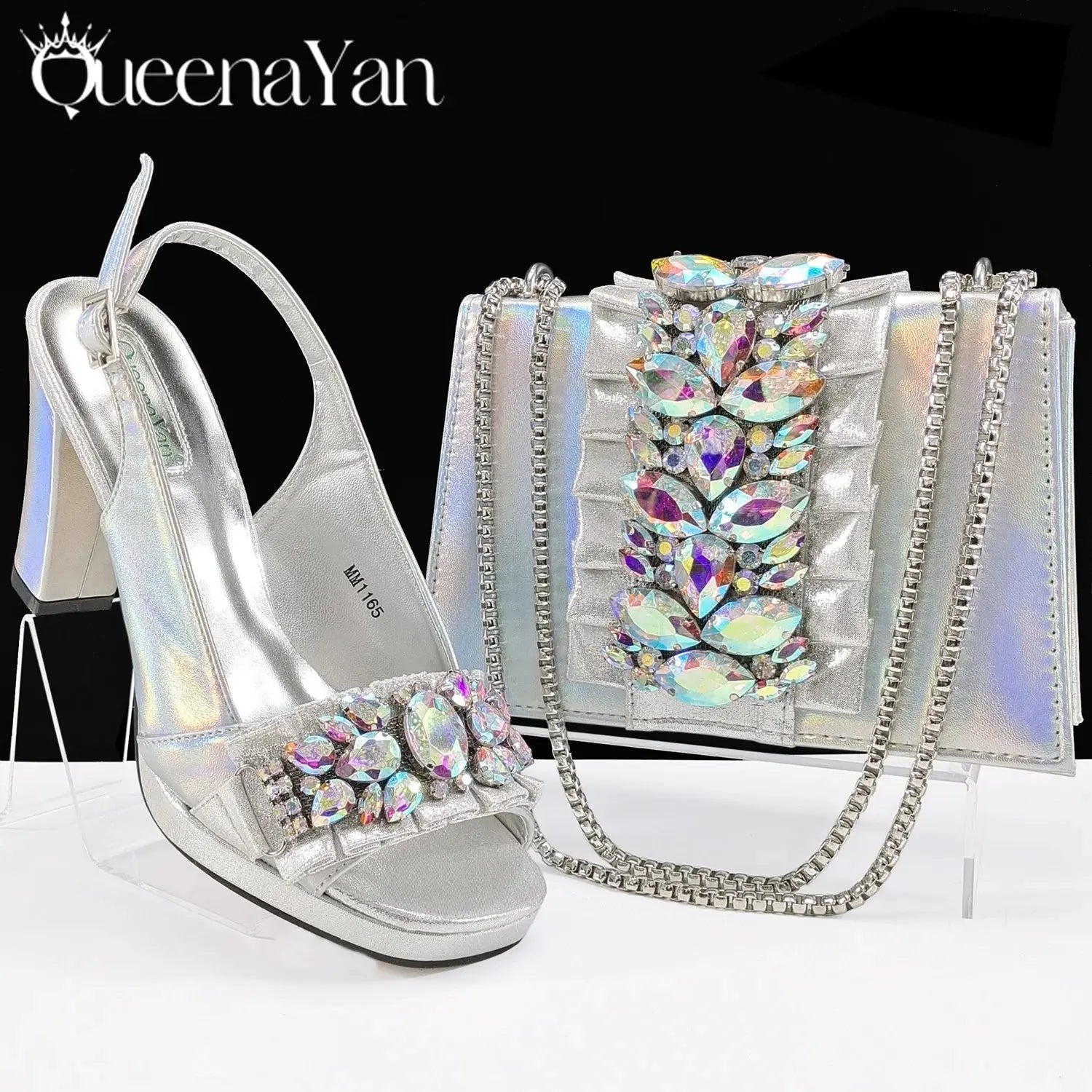 Complete ensemble featuring emerald heels and matching bag, a style statement.