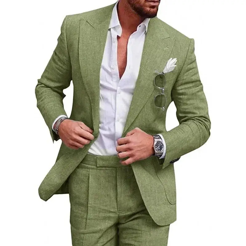 Durable and low maintenance linen suit, resists wrinkles for all-day wear.