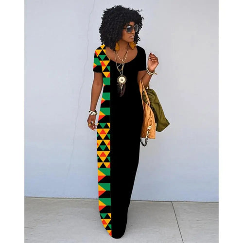 Slim fit ankle-length dress featuring bold African-inspired geometric prints in multiple colors