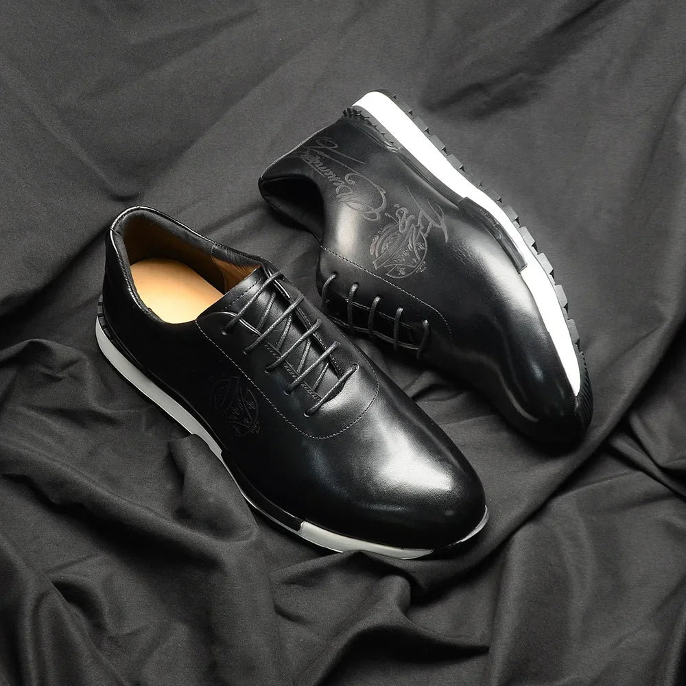 Close-up of premium cow leather oxford shoe showing breathable texture and sophisticated craftsmanship