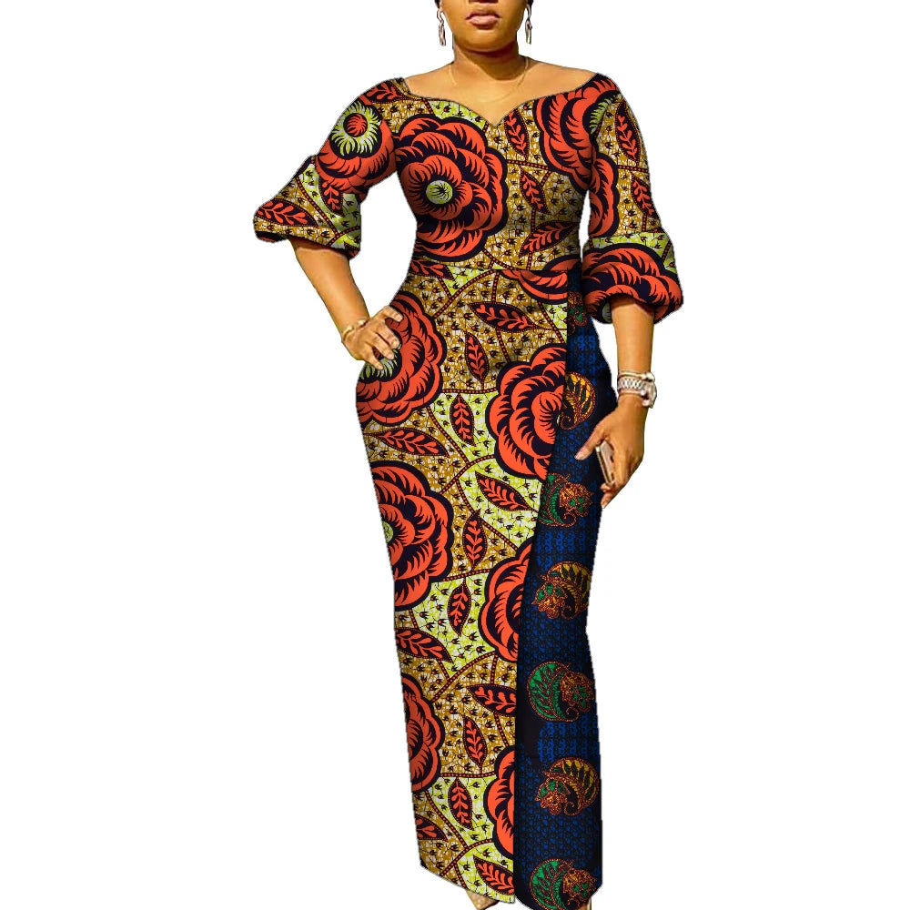 African Dresses for Women Patchwork Ankara Dress Lantern Sleeves Maxi Dress Women Party Dress Lady African Clothes WY9937