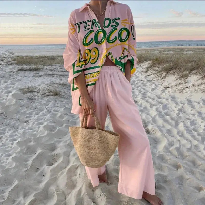 Light, breathable fabric two-piece set for warm weather.
