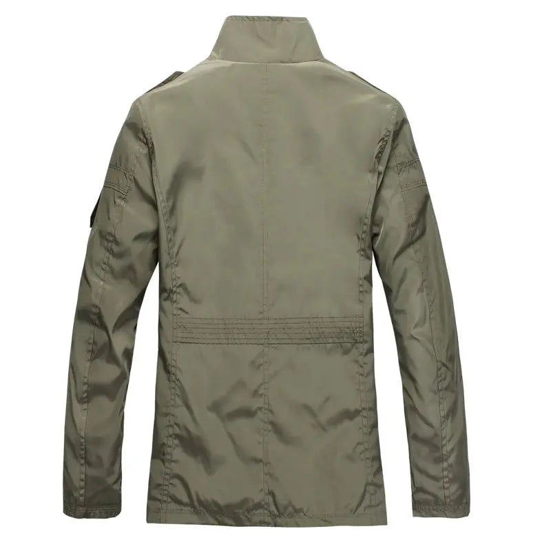 Close-up of Urban Breeze Lightweight Jacket's single-breasted closure and sleek V-neck collar design.