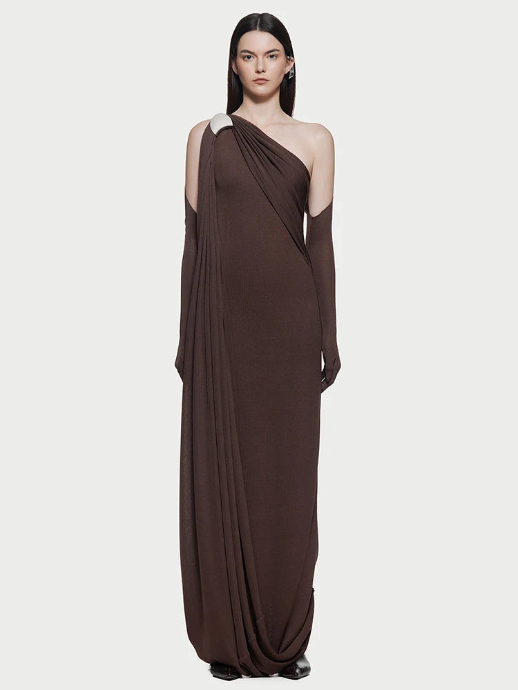 Full-length shot of the ankle-length evening dress in a sophisticated setting.