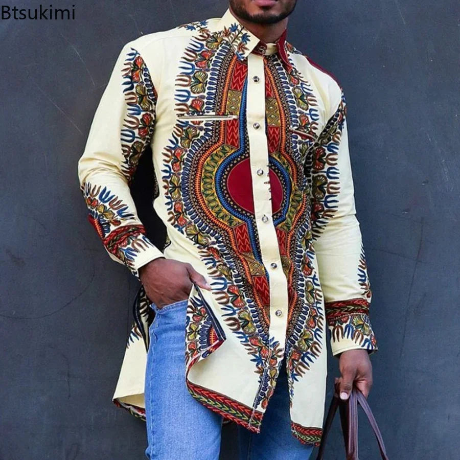 African Men's Ethnic Print Long Sleeve Traditional Shirt