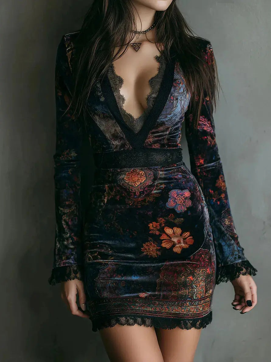 Deep V-neck velvet dress with lace accents and floral pattern in rich color.