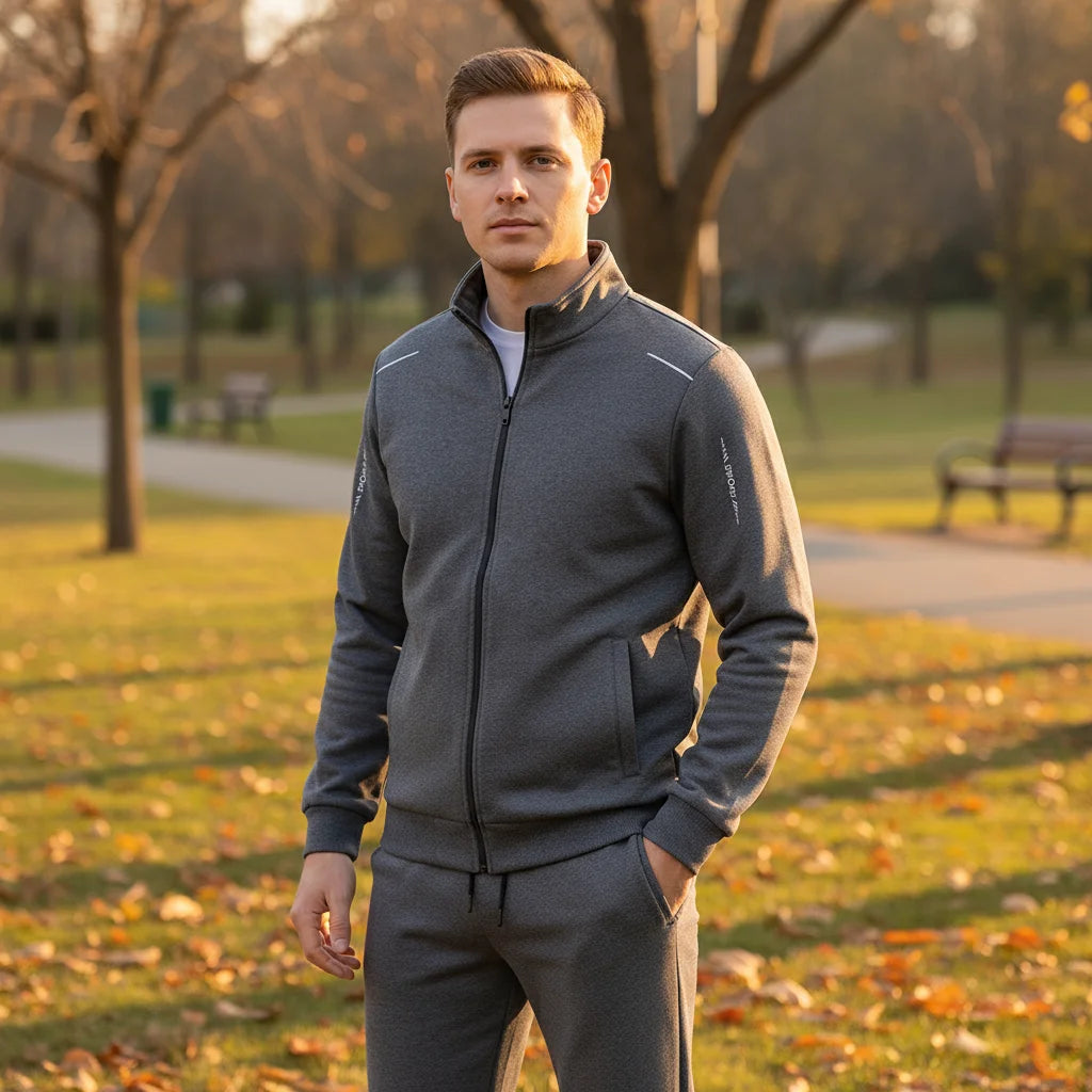 Close-up of the soft elastane blend fabric of the Autumn Comfort Tracksuit, showcasing flexibility.