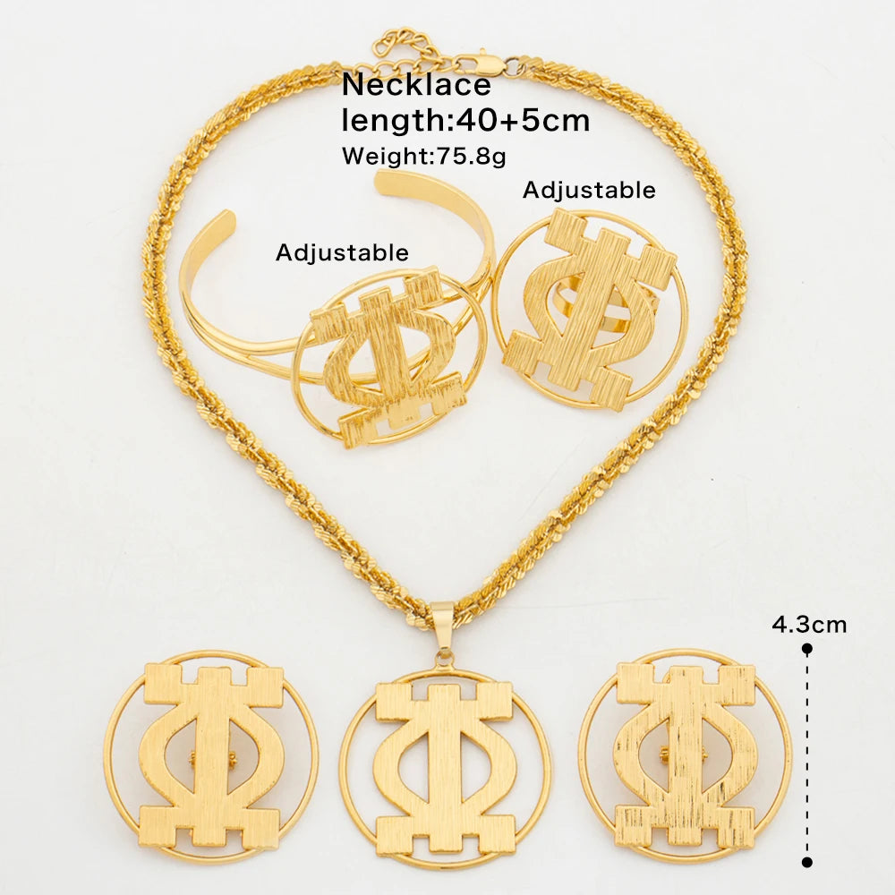 African Gold Clip Earrings, Round Bracelet & Necklace 4PCS Jewelry Set