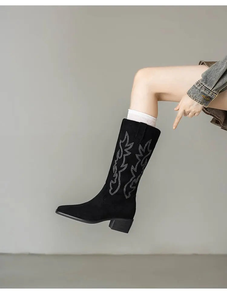 Knee-high Western boots with authentic frontier-style embroidery patterns