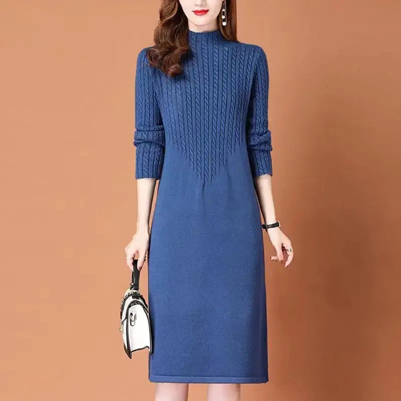 Close-up of the half turtleneck design on the Cozy Elegance Knit Dress, emphasizing its chic style.