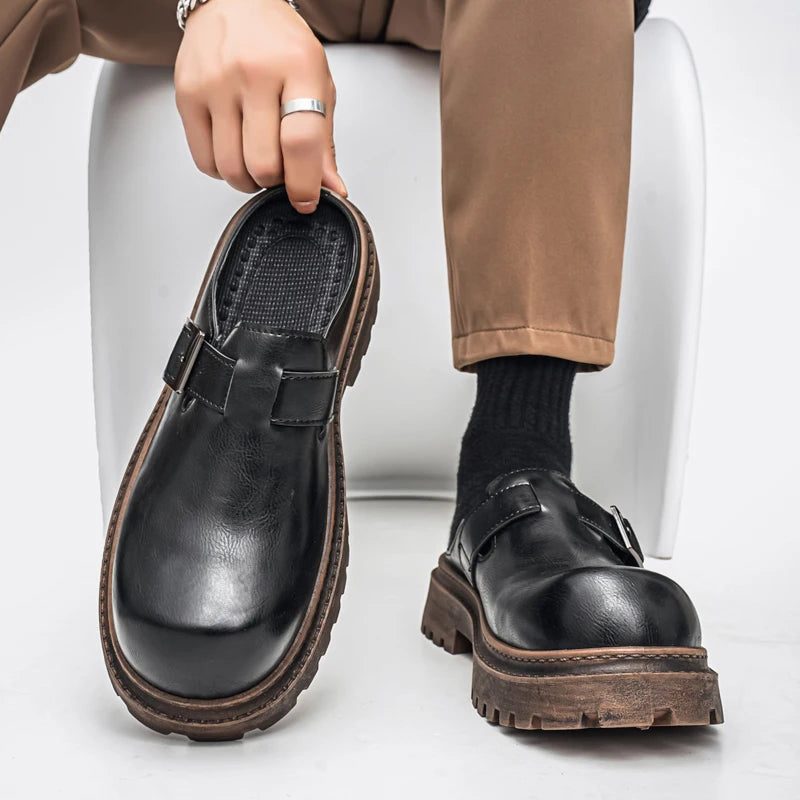 Men's formal backless mules in genuine black leather with elevated platform
