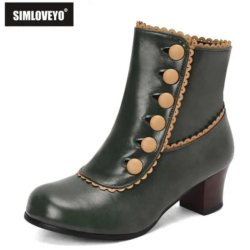 Chic black ankle boots with a square heel and metal accents for a stylish look.