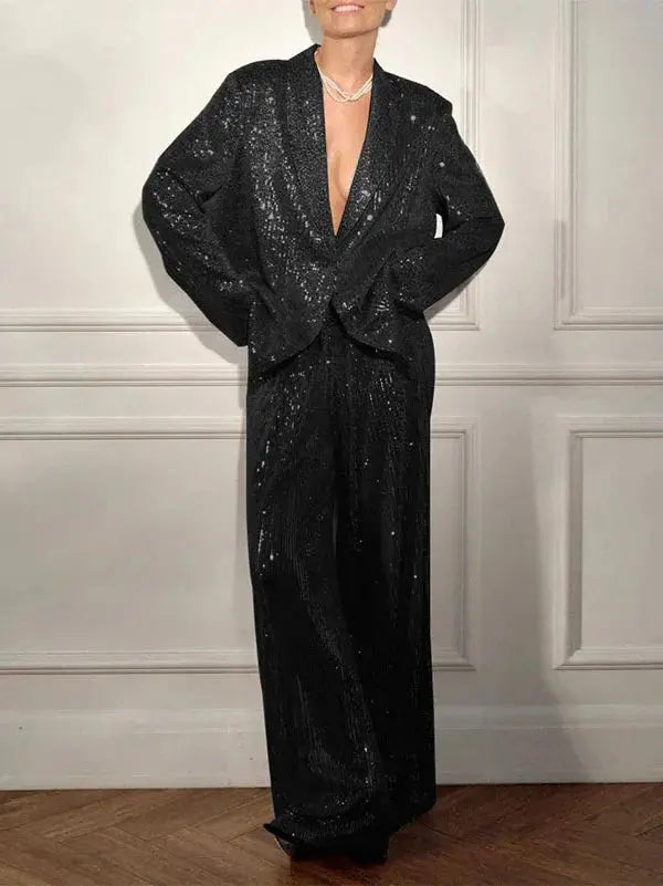 Detail shot of the tailored fit of the Dazzle Effortlessly sequin suit set, emphasizing comfort.