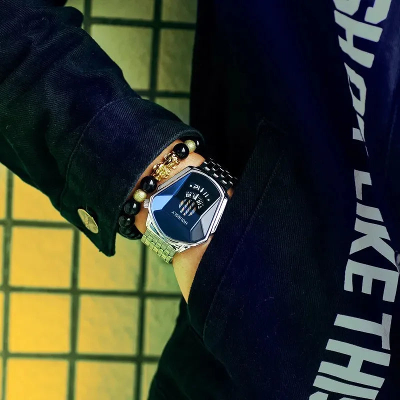 Stainless steel watch with clear numeral markers for a professional aesthetic.