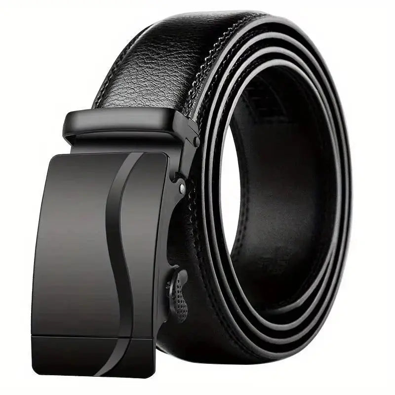 Black PU leather belt with automatic buckle for a secure fit and stylish look.