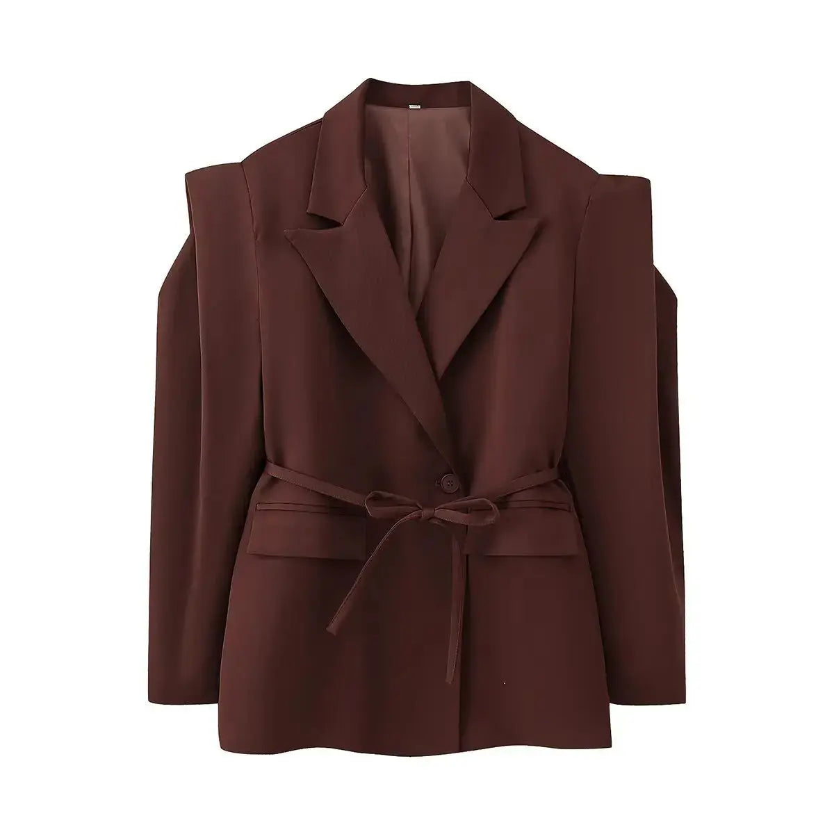 Detail shot of the single-button closure on the Floral Whisper Belted Jacket, showcasing its sleek design.
