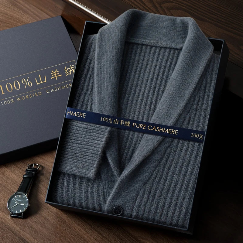 High-quality cashmere knit cardigan in regular fit with turn-down collar for fall winter seasons