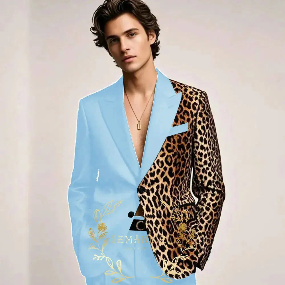 Refined black tuxedo jacket with striking leopard print lapel accents