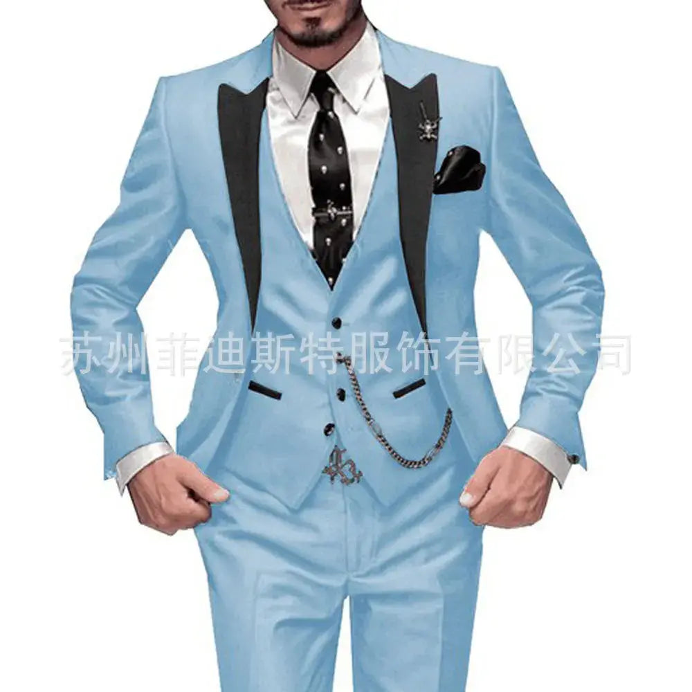Model confidently wearing the suit at a chic urban soirée.