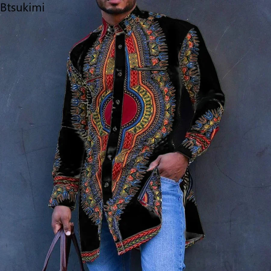 African Men's Ethnic Print Long Sleeve Traditional Shirt