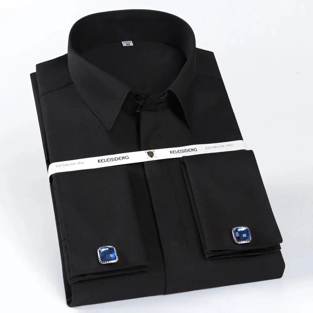 Seamless white dress shirt with hidden button detail for a sleek silhouette.