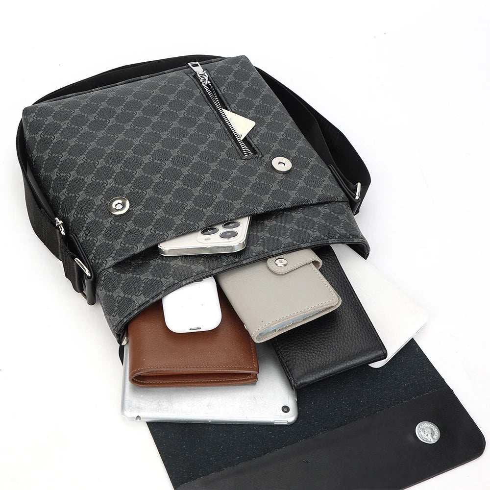 Sleek black crossbody bag for men featuring organized interior compartments and comfortable fit