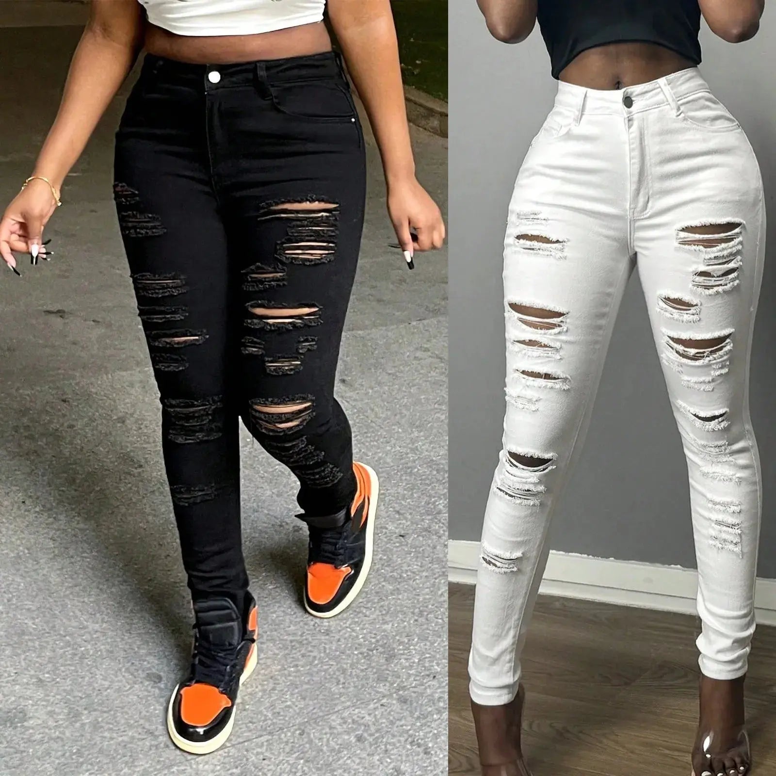 Black high-waist ripped jeans with strategic distressing and stretch denim fabric for comfortable all-day wear