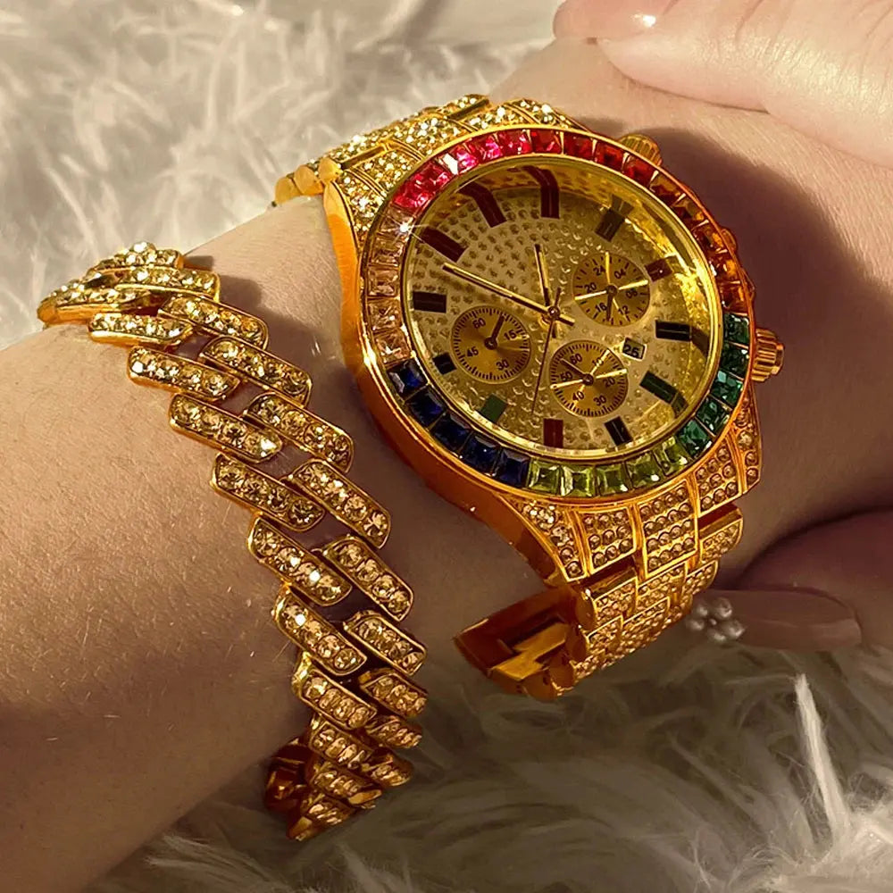 Unisex iced-out watch set against a stylish background, perfect for bold fashion statements.