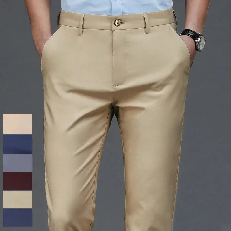 Side view of trousers highlighting their contemporary silhouette.