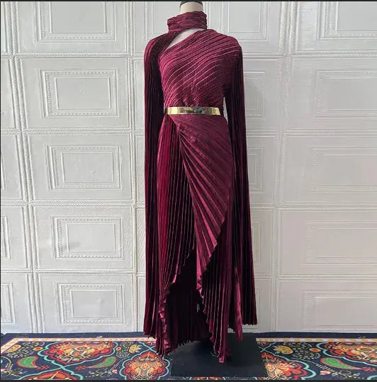 Twilight Cascade gown displayed on a hanger, emphasizing its elegant design and flow.