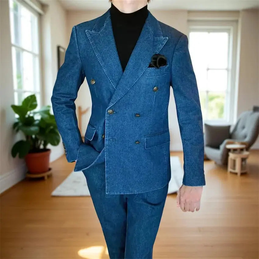 Detail of the peak lapel on the denim blazer, emphasizing the sharp and sophisticated look.