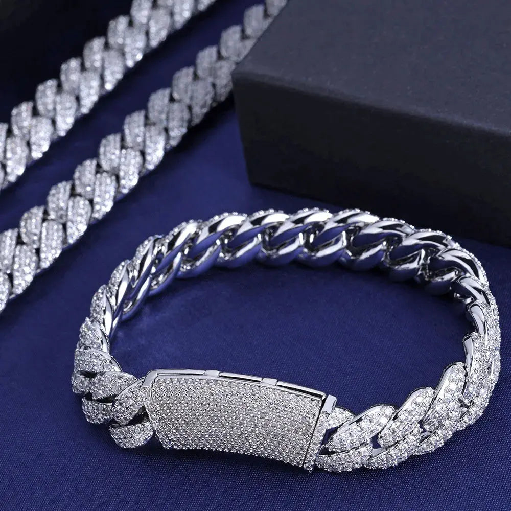 Gold Cuban link chain bracelet with hand-set cubic zirconia, hypoallergenic copper construction