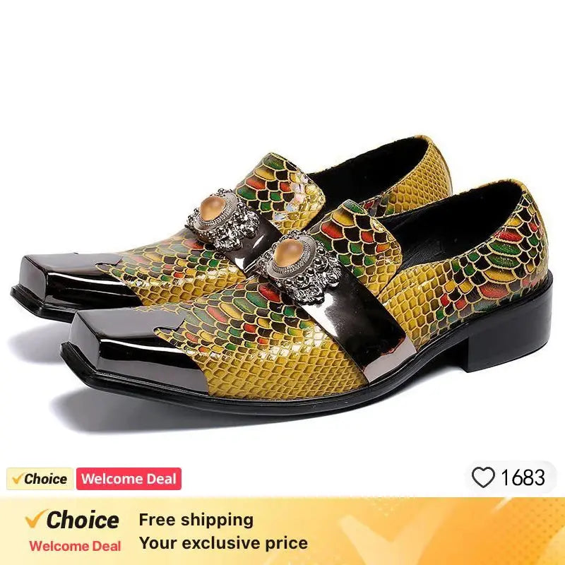 Genuine leather pointed shoes with eye-catching metal decoration and paisley embossing
