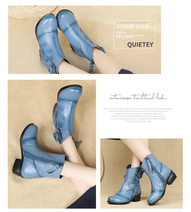 Women's floral mid-calf boots with anti-slip sole and breathable cotton interior