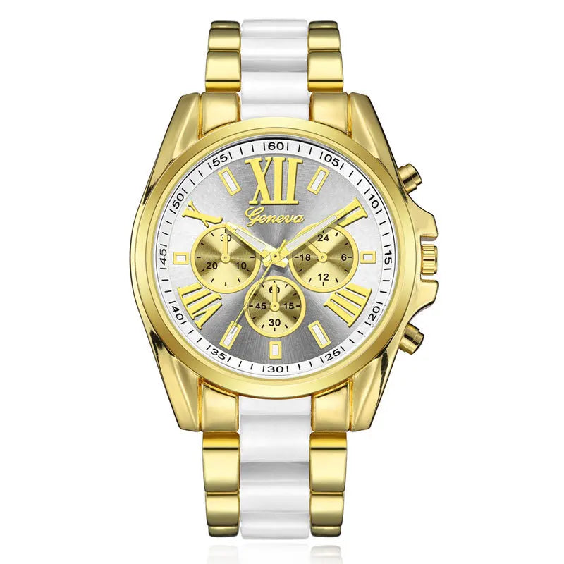 Stylish black and gold wristwatch featuring a secure folding clasp for comfort.