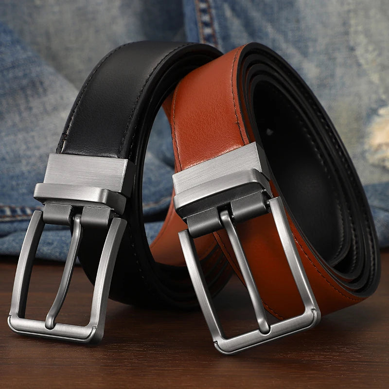 Dual-sided belt in black and brown PU leather for versatile style transitions.