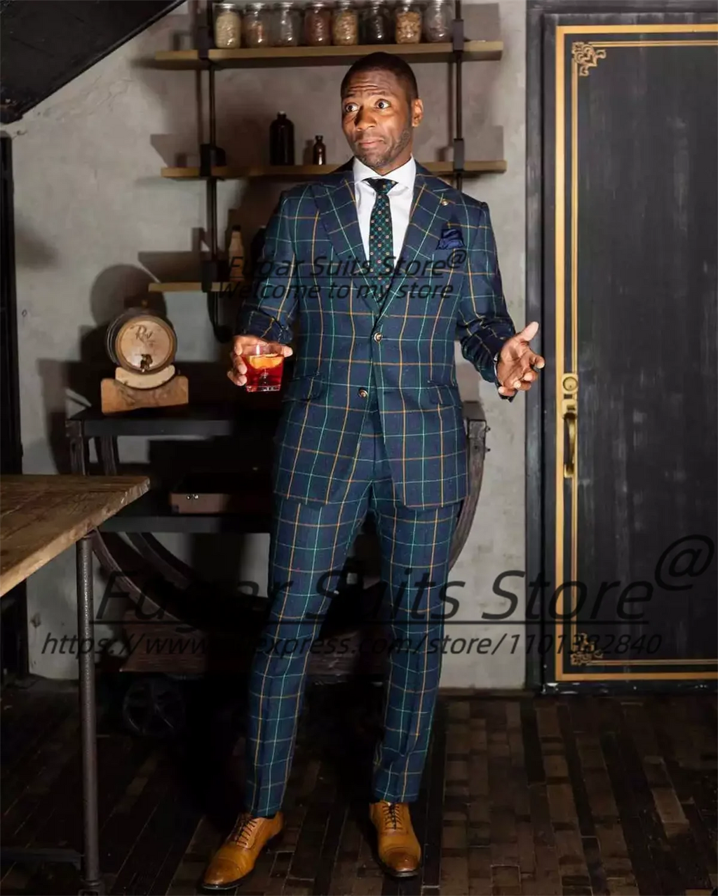 Close-up of British plaid pattern detail on slim-fit suit jacket showing classic checkered design
