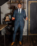 Close-up of British plaid pattern detail on slim-fit suit jacket showing classic checkered design