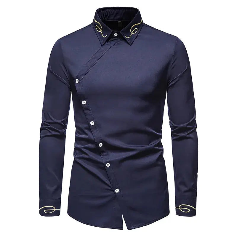 Contemporary men's shirt featuring oblique buttons and delicate embroidered accents